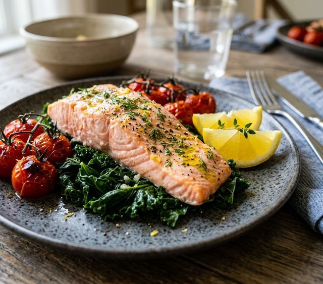Steamed Salmon Fillet over Tender Blanched Kale with Lemon and Cherry Tomatoes