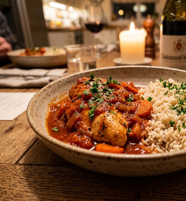 Tender chicken breast braised in sweet carrots and rich tomato sugo