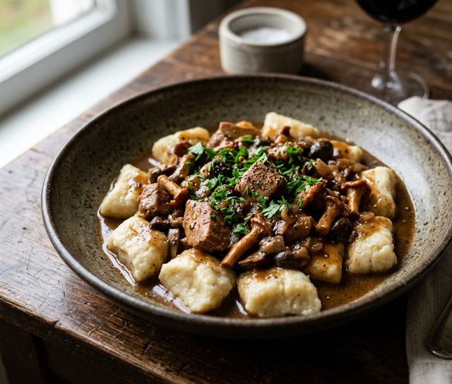 Tender curd cheese dumplings with slow-cooked turkey and mushroom goulash