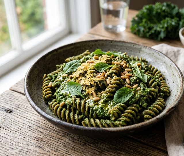 Whole Wheat Pasta with Velvety Kale Pesto and Nutritional Yeast