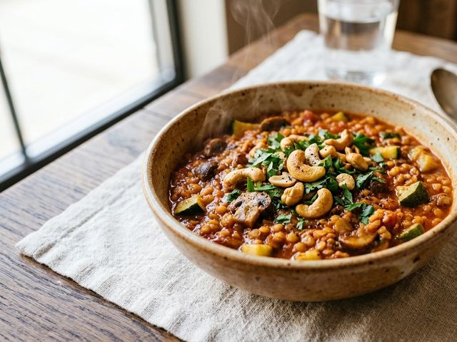 Aromatic DASH Red Lentil, Zucchini and Mushroom Stew with Crunchy Cashews