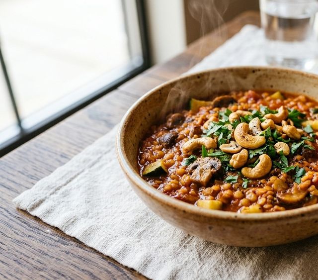 Aromatic DASH Red Lentil, Zucchini and Mushroom Stew with Crunchy Cashews