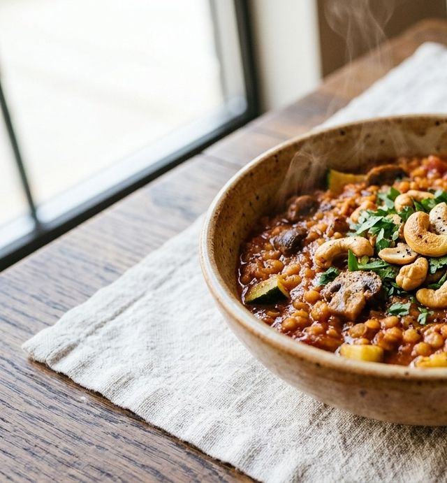 Aromatic DASH Red Lentil, Zucchini and Mushroom Stew with Crunchy Cashews