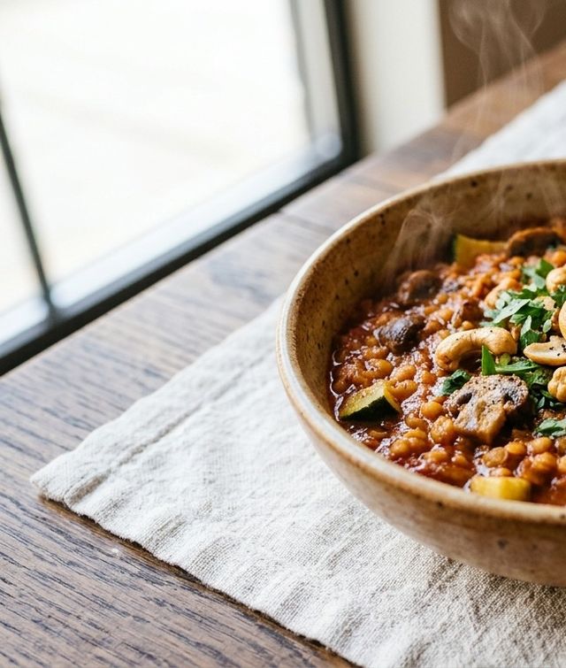 Aromatic DASH Red Lentil, Zucchini and Mushroom Stew with Crunchy Cashews