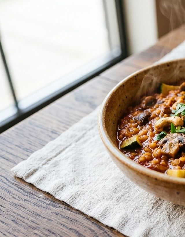 Aromatic DASH Red Lentil, Zucchini and Mushroom Stew with Crunchy Cashews