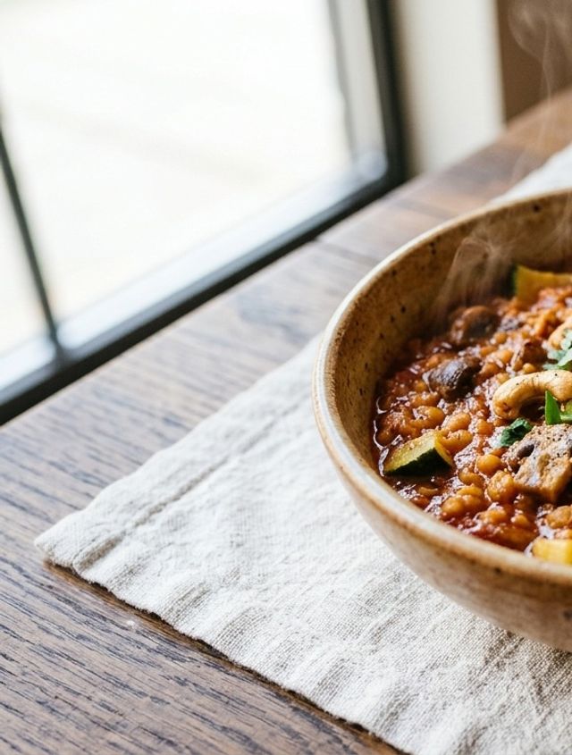 Aromatic DASH Red Lentil, Zucchini and Mushroom Stew with Crunchy Cashews