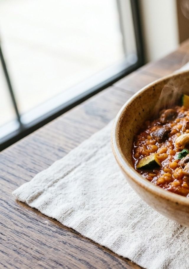 Aromatic DASH Red Lentil, Zucchini and Mushroom Stew with Crunchy Cashews