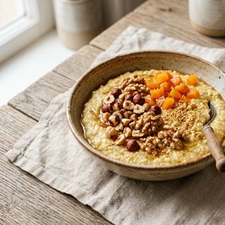 Creamy DASH Millet Flake Porridge in Almond Milk with Crunchy Nuts and Dried Apricots