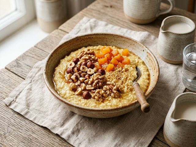 Creamy DASH Millet Flake Porridge in Almond Milk with Crunchy Nuts and Dried Apricots