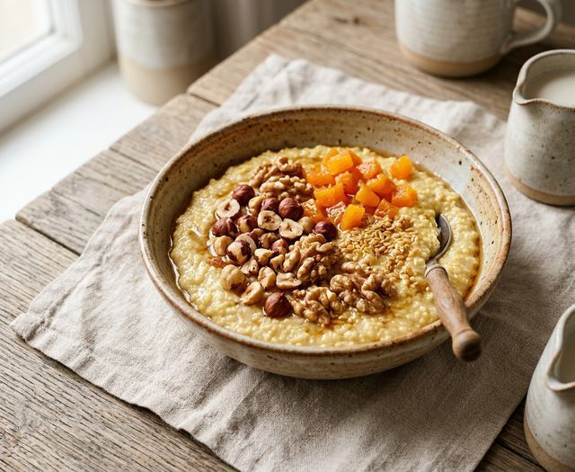Creamy DASH Millet Flake Porridge in Almond Milk with Crunchy Nuts and Dried Apricots