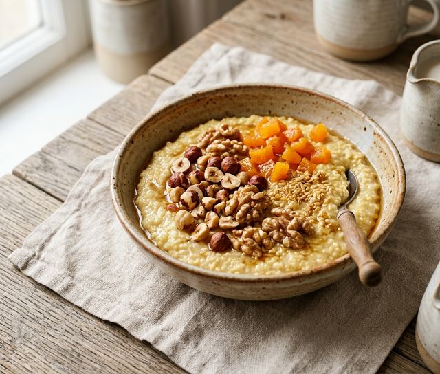 Creamy DASH Millet Flake Porridge in Almond Milk with Crunchy Nuts and Dried Apricots