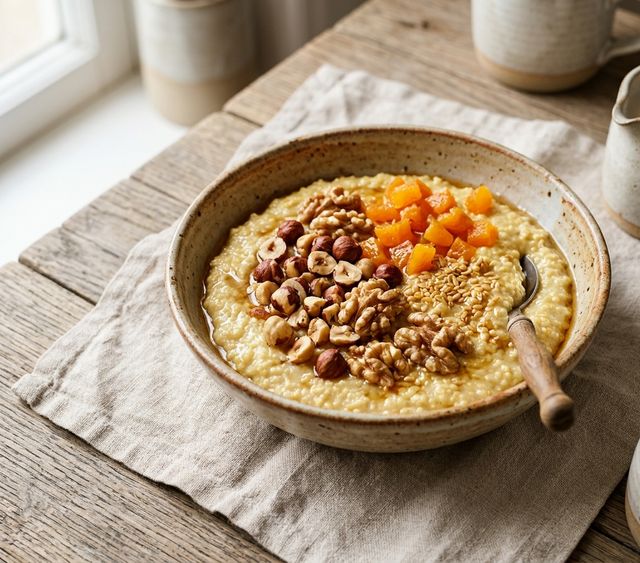 Creamy DASH Millet Flake Porridge in Almond Milk with Crunchy Nuts and Dried Apricots