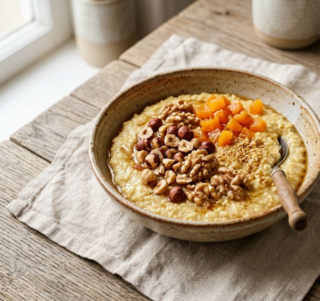 Creamy DASH Millet Flake Porridge in Almond Milk with Crunchy Nuts and Dried Apricots