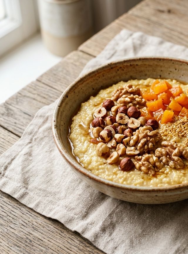 Creamy DASH Millet Flake Porridge in Almond Milk with Crunchy Nuts and Dried Apricots