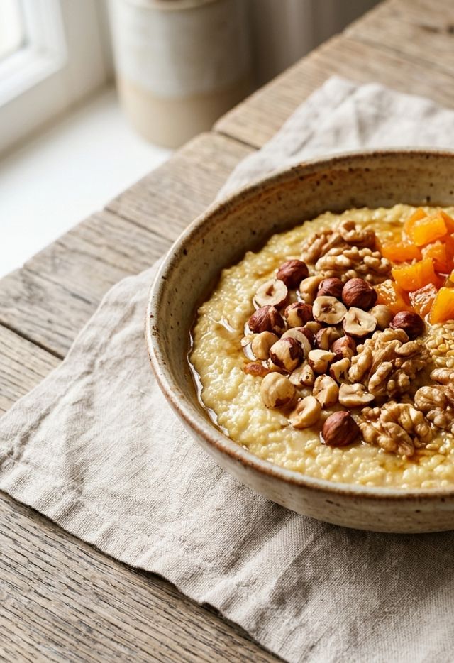 Creamy DASH Millet Flake Porridge in Almond Milk with Crunchy Nuts and Dried Apricots