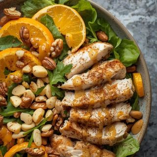 Salad with chicken, orange, and nuts with honey-mustard sauce and cinnamon