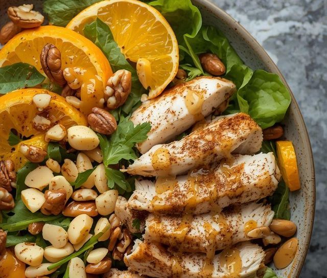 Salat mit Hühnchen, Orange und Nüssen mit Honig-Senf-Soße und Zimt