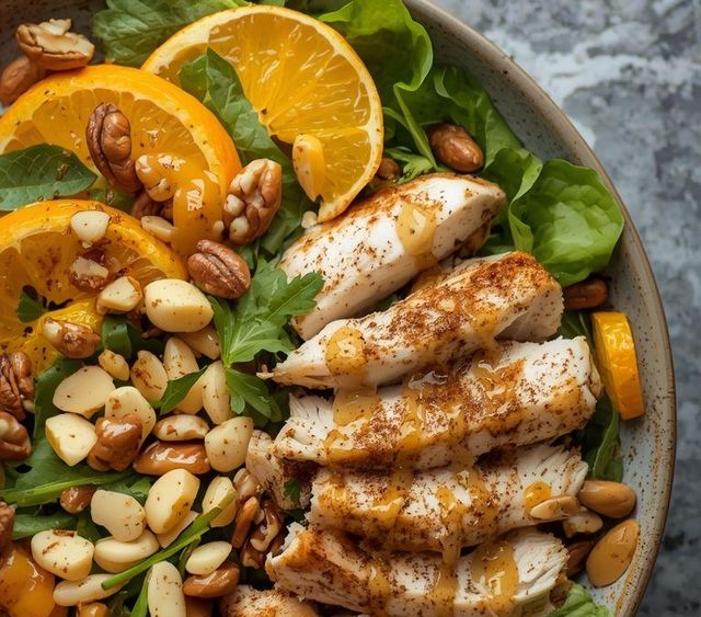 Salat mit Hühnchen, Orange und Nüssen mit Honig-Senf-Soße und Zimt