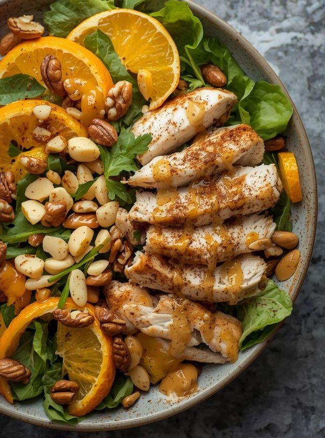 Salat mit Hühnchen, Orange und Nüssen mit Honig-Senf-Soße und Zimt