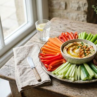 Crisp DASH Raw Vegetable Crudités (Bell Pepper, Celery, Carrot, Kohlrabi, Cucumber, Radish) with Homemade Hummus