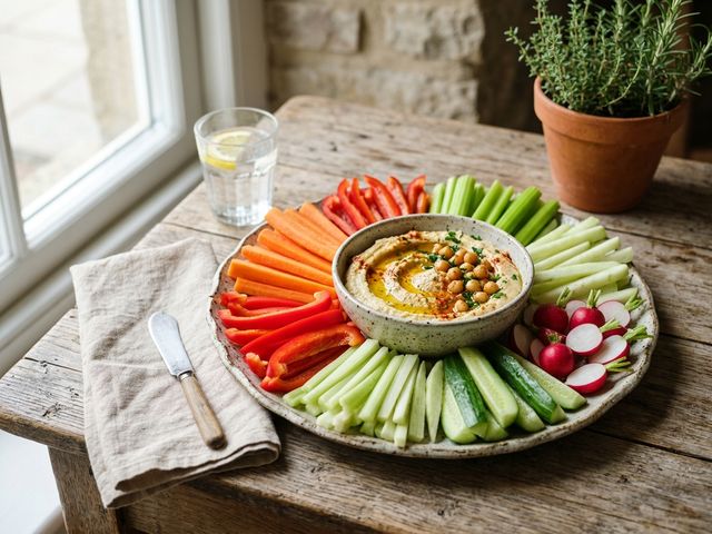 Crisp DASH Raw Vegetable Crudités (Bell Pepper, Celery, Carrot, Kohlrabi, Cucumber, Radish) with Homemade Hummus