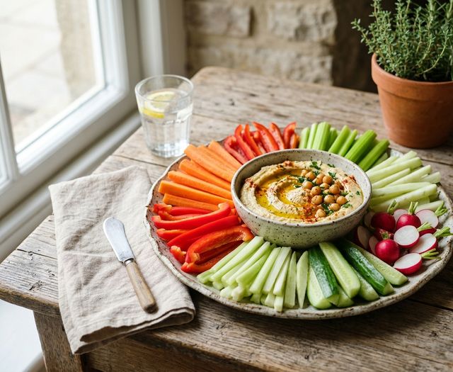 Crisp DASH Raw Vegetable Crudités (Bell Pepper, Celery, Carrot, Kohlrabi, Cucumber, Radish) with Homemade Hummus