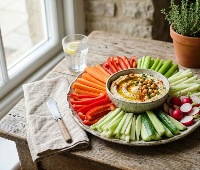 Crisp DASH Raw Vegetable Crudités (Bell Pepper, Celery, Carrot, Kohlrabi, Cucumber, Radish) with Homemade Hummus