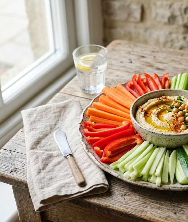 Crisp DASH Raw Vegetable Crudités (Bell Pepper, Celery, Carrot, Kohlrabi, Cucumber, Radish) with Homemade Hummus