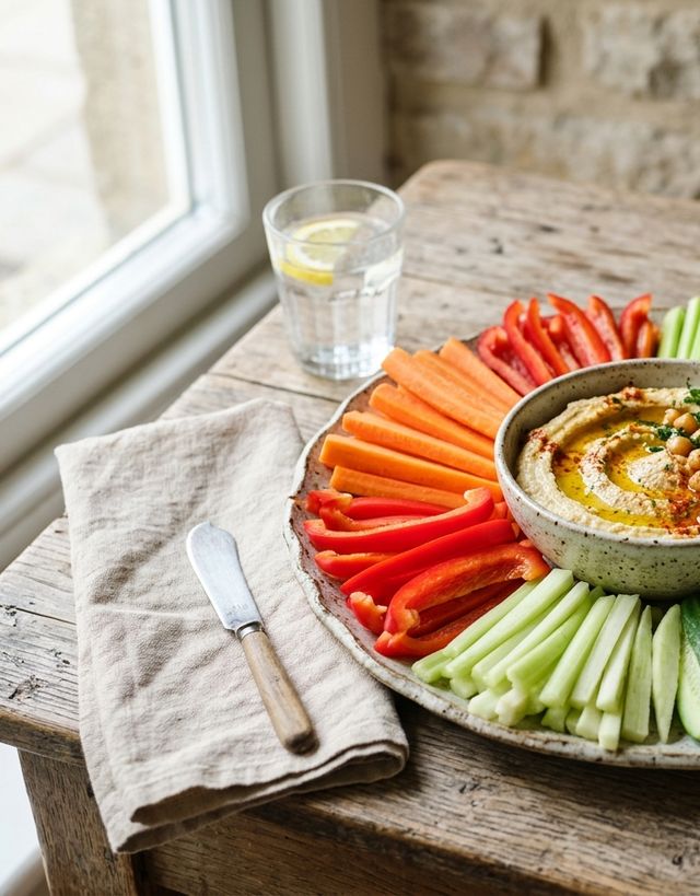 Crisp DASH Raw Vegetable Crudités (Bell Pepper, Celery, Carrot, Kohlrabi, Cucumber, Radish) with Homemade Hummus