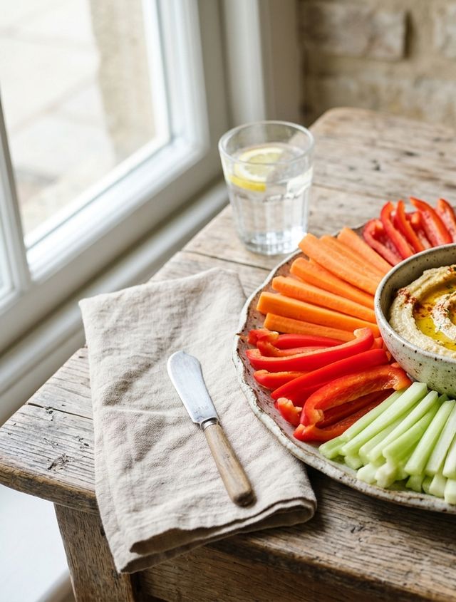 Crisp DASH Raw Vegetable Crudités (Bell Pepper, Celery, Carrot, Kohlrabi, Cucumber, Radish) with Homemade Hummus