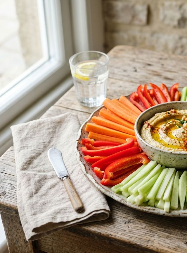 Knackige DASH-Gemüsesticks (Paprika, Staudensellerie, Karotte, Kohlrabi, Gurke, Radieschen) mit hausgemachtem Hummus