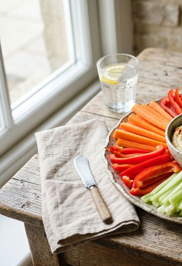 Crisp DASH Raw Vegetable Crudités (Bell Pepper, Celery, Carrot, Kohlrabi, Cucumber, Radish) with Homemade Hummus