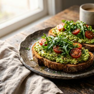 Crispy Whole-Grain DASH Avocado Toast with Cherry Tomatoes and Fresh Arugula