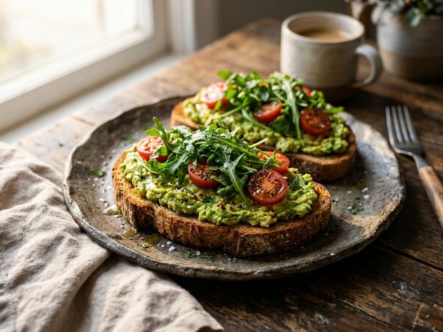 Crispy Whole-Grain DASH Avocado Toast with Cherry Tomatoes and Fresh Arugula