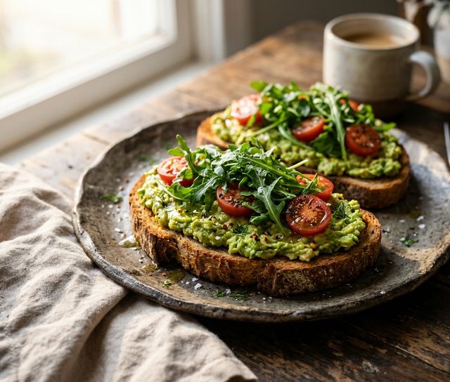 Knuspriger DASH-Vollkorntoast mit cremiger Avocado, Cocktailtomaten und frischem Rucola