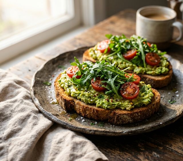 Crispy Whole-Grain DASH Avocado Toast with Cherry Tomatoes and Fresh Arugula