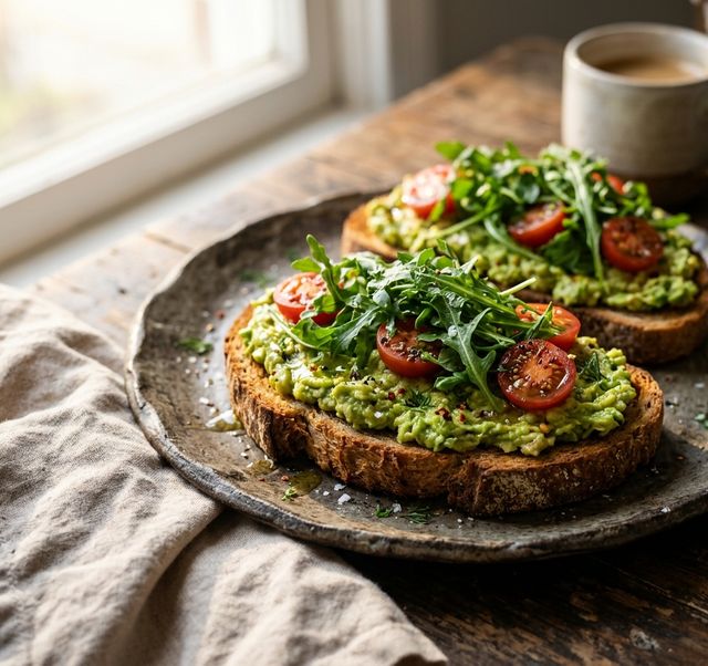 Crispy Whole-Grain DASH Avocado Toast with Cherry Tomatoes and Fresh Arugula