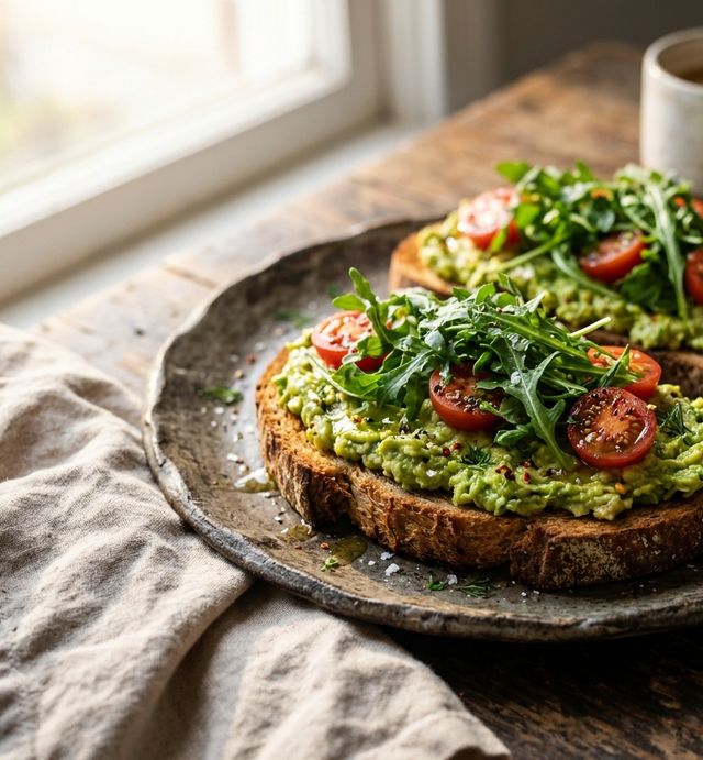 Crispy Whole-Grain DASH Avocado Toast with Cherry Tomatoes and Fresh Arugula