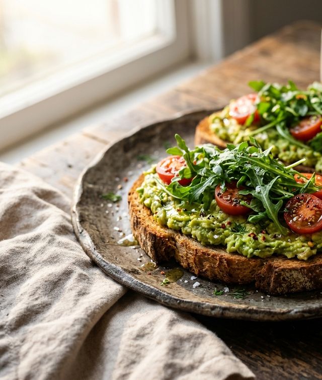 Crispy Whole-Grain DASH Avocado Toast with Cherry Tomatoes and Fresh Arugula