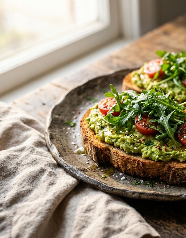 Crispy Whole-Grain DASH Avocado Toast with Cherry Tomatoes and Fresh Arugula