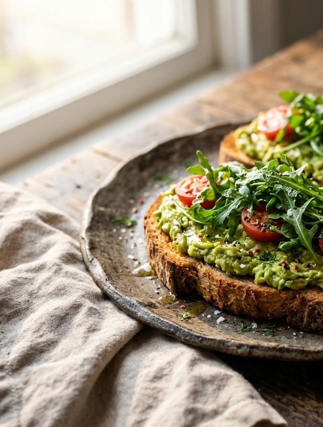 Crispy Whole-Grain DASH Avocado Toast with Cherry Tomatoes and Fresh Arugula