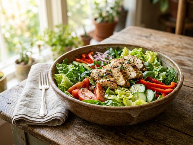 DASH Crisp Vegetable Salad with Grilled Chicken Breast and Lemon-Herb Olive Oil Dressing