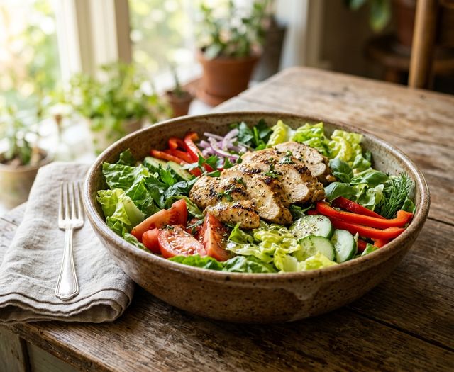 DASH Crisp Vegetable Salad with Grilled Chicken Breast and Lemon-Herb Olive Oil Dressing