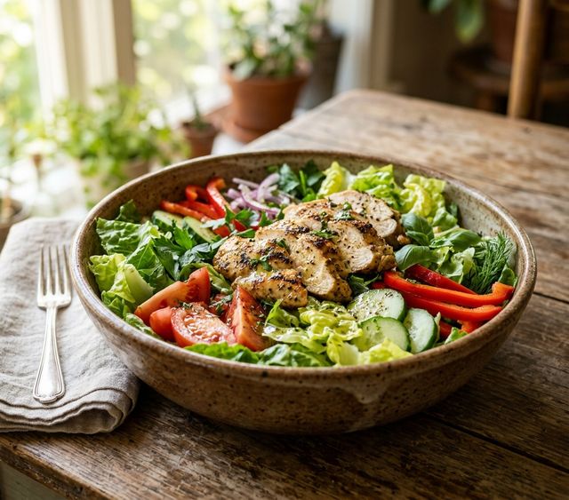 DASH Crisp Vegetable Salad with Grilled Chicken Breast and Lemon-Herb Olive Oil Dressing