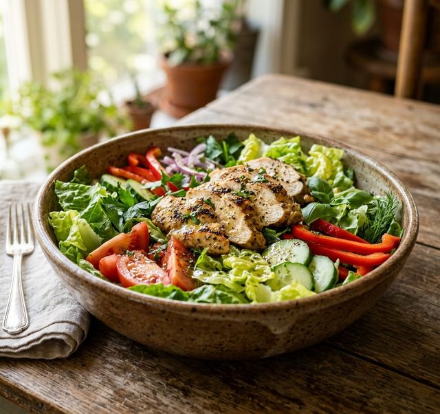 DASH Crisp Vegetable Salad with Grilled Chicken Breast and Lemon-Herb Olive Oil Dressing
