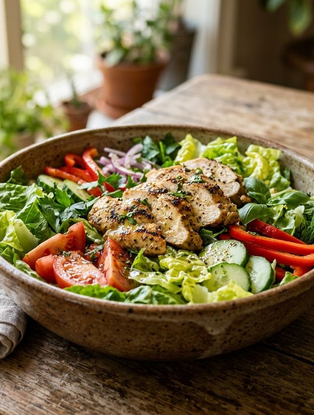 Knackiger DASH-Gemüsesalat mit gegrillter Hähnchenbrust und Zitronen-Kräuter-Olivenöl-Dressing