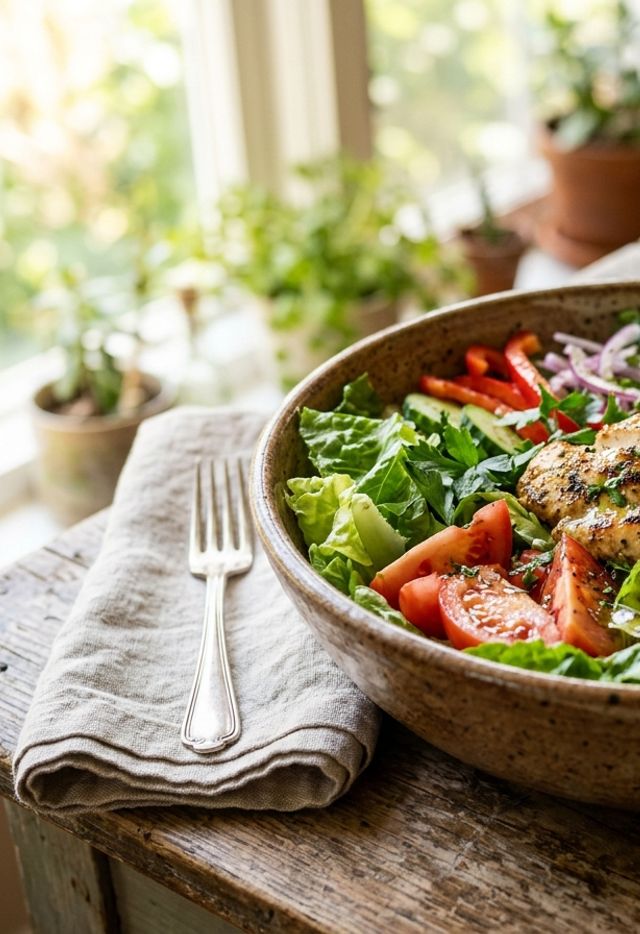 DASH Crisp Vegetable Salad with Grilled Chicken Breast and Lemon-Herb Olive Oil Dressing