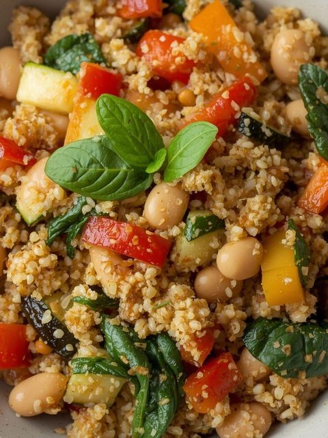 Kaszotto z kaszy bulgur z białą fasolką, papryką, cukinią i szpinakiem