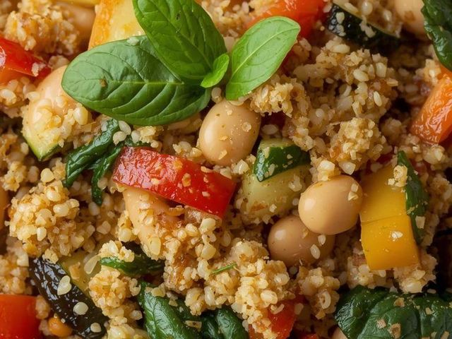 Kaszotto z kaszy bulgur z białą fasolką, papryką, cukinią i szpinakiem