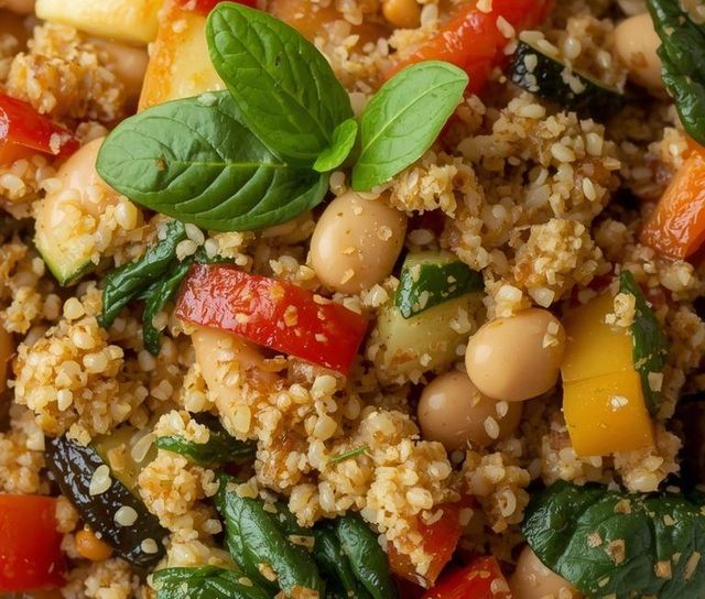 Kaszotto z kaszy bulgur z białą fasolką, papryką, cukinią i szpinakiem